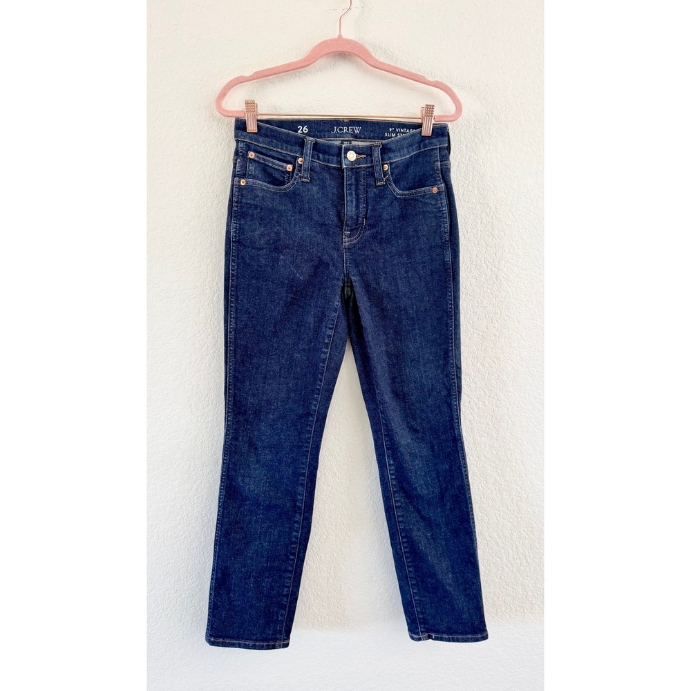 J.Crew 9" Vintage Slim Straight Jeans Dark Wash Denim Size 26 High Rise Stretch